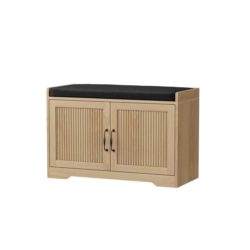31.5-inch Oak-Colored Entryway Shoe Bench with Double Doors, Upholstered Seat, Particle Board+MDF Construction
