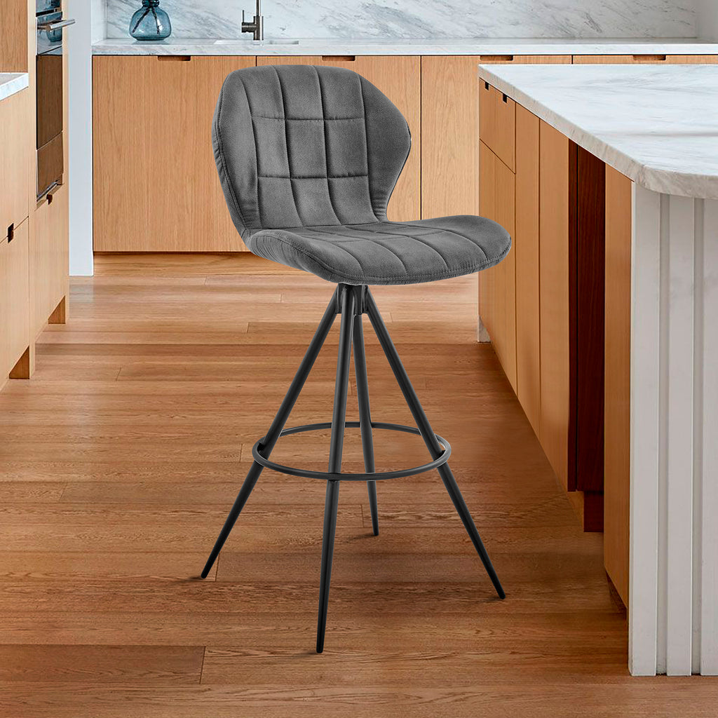 Hestrel 30' Swivel Bar Height Bar Stool in Charcoal Fabric and Black Finish