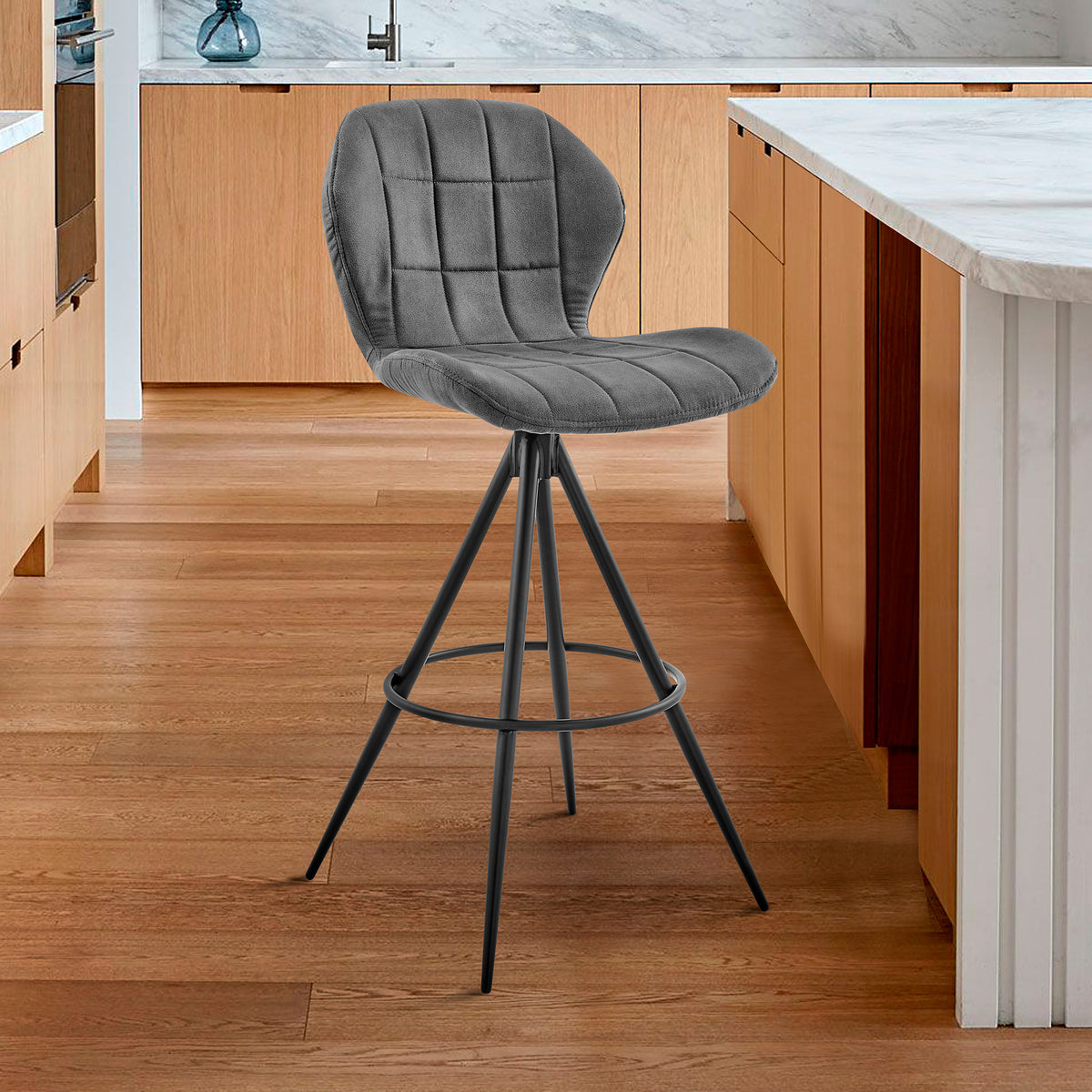 Hestrel 30' Swivel Bar Height Bar Stool in Charcoal Fabric and Black Finish
