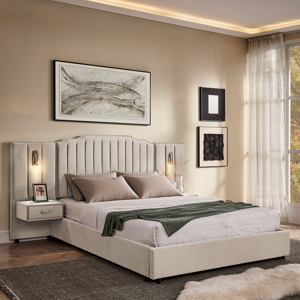 Queen Size Upholstered Bed Frame with Velvet Fabric, Vertical Stripe Design with Buttons Around King Size Platform Bed with Headboard, Solid Frame & Bedside Table - No Box Spring Needed-Beige