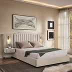Queen Size Upholstered Bed Frame with Velvet Fabric, Vertical Stripe Design with Buttons Around King Size Platform Bed with Headboard, Solid Frame & Bedside Table - No Box Spring Needed-Beige