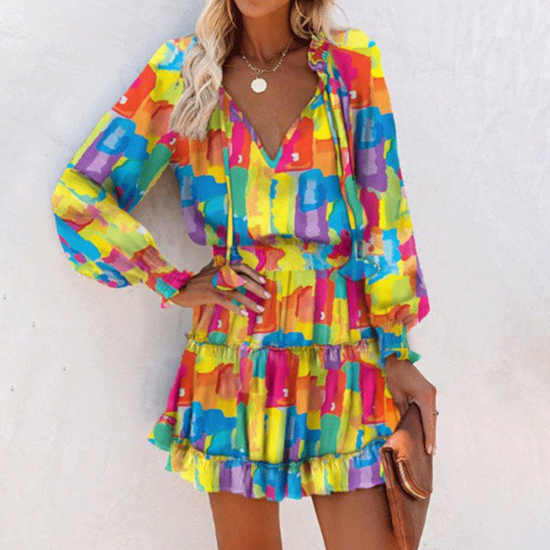 Flowers Print Long Sleeve Dress Fashion Patchwork Puff Sleeve Waist Dresses Womens Clothing