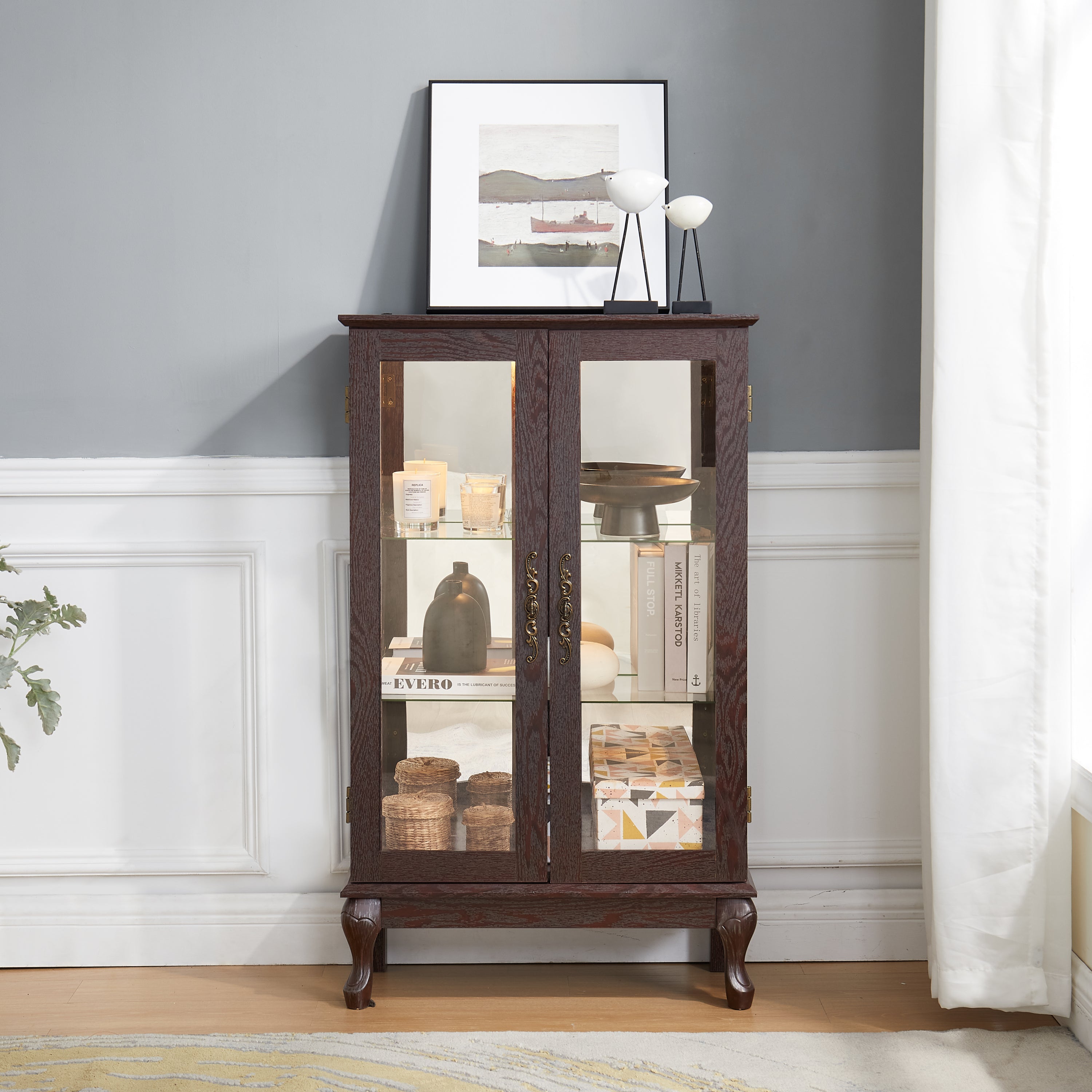 Cherry Curio Cabinet with Tempered Glass Doors, Lighted Display Cabinet with Mirrored Back Panel & Adjustable Shelves  Perfect for Home or Office (Light Bulb Included)