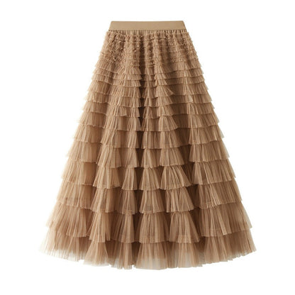 A-Line Mesh Ruffle Skirt Women's Temperament Sweet Long Skirt Slim Cupcake Dress Womens Clothing.