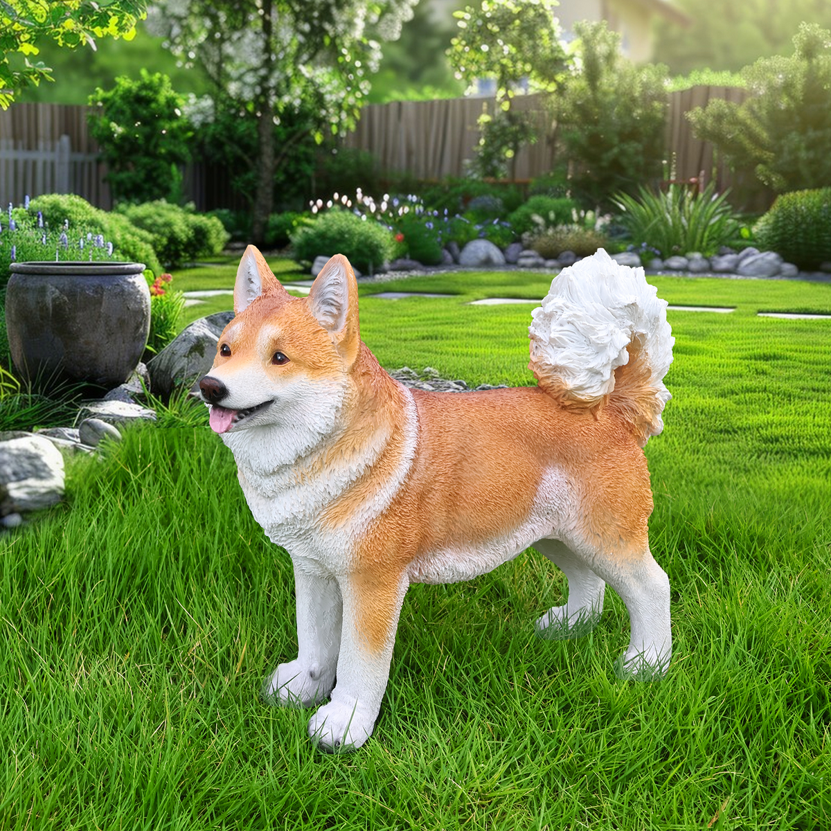Lifelike Shiba Inu Dog Statue, Realistic Resin Animal Figurine for Indoor Outdoor Garden Lawn Yard Home Decor, Art Craft Gift, Brown+White