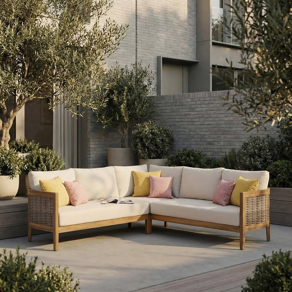 5-Seater Outdoor Patio Sofa Set, Solid Acacia Wood Frame Handcrafted PE Rattan Conversation Furniture with Water Resistant Cushions, Classic Open Slat Design for Outdoor Living Space