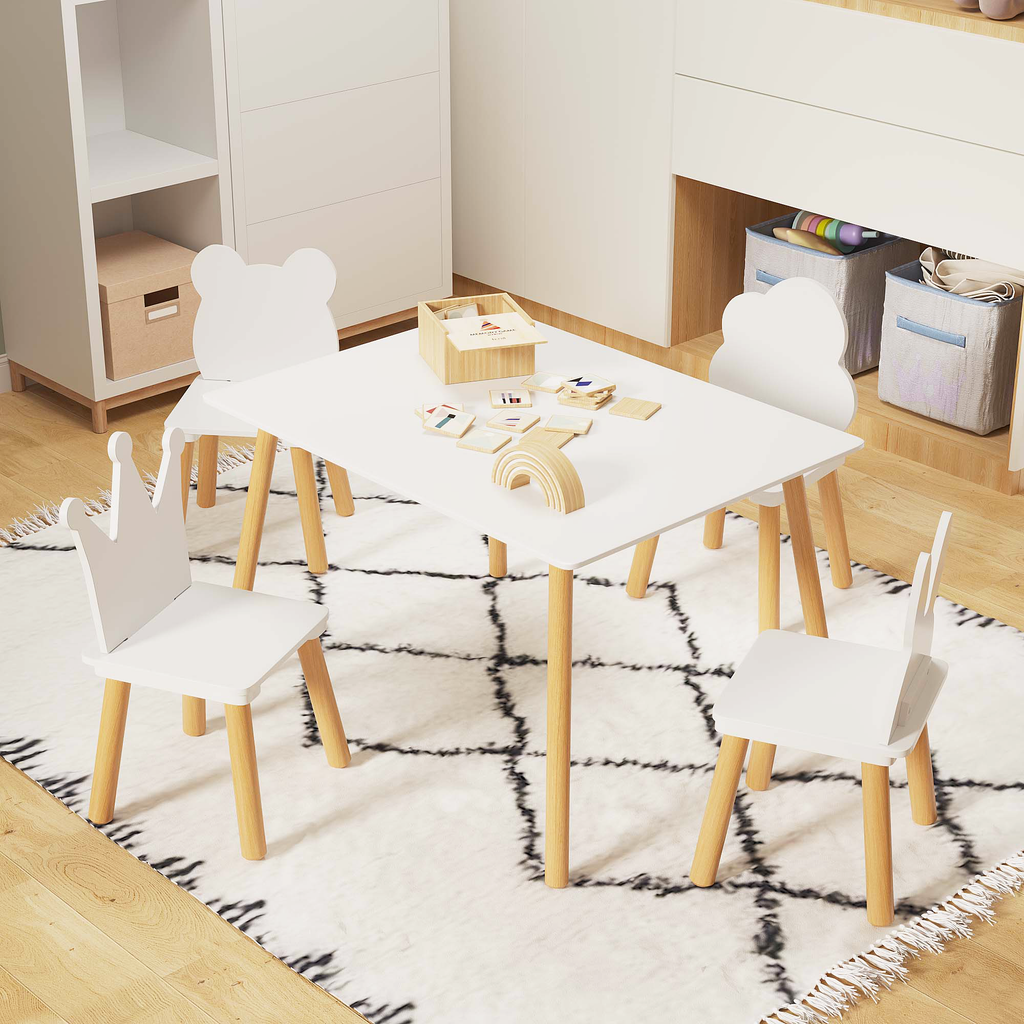 Big Kids Table and 4 Chairs Set, 5 Pieces Toddler Table and Chair Set, Wooden Activity Play Table Set (White)