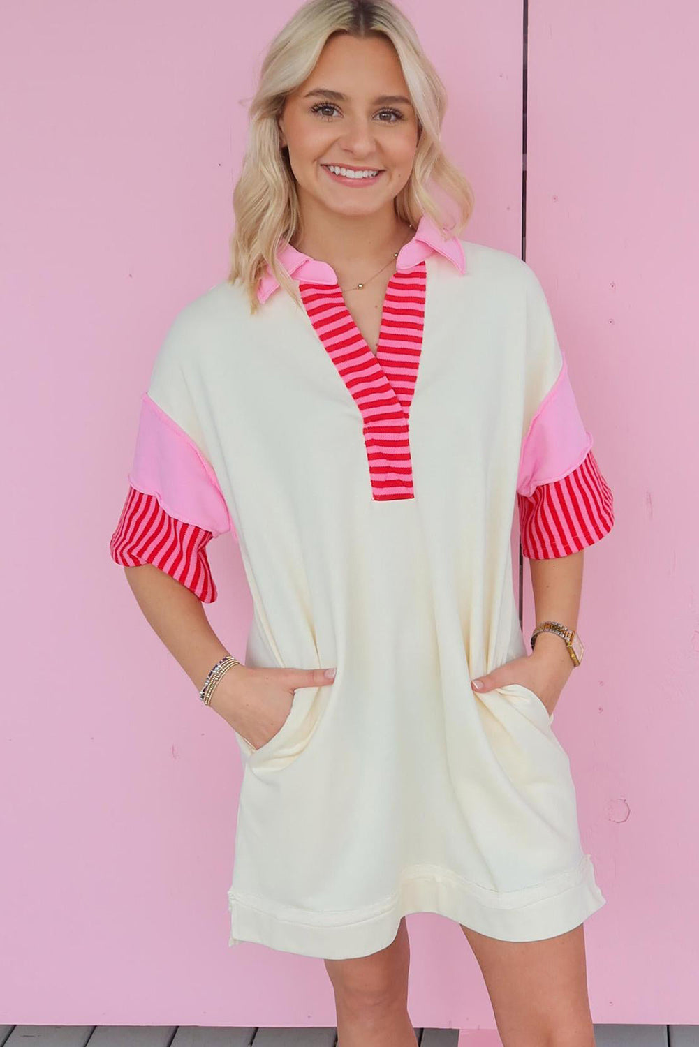 Pink Stripe Colorblock Sleeve Collared Mini Dress - Eloy Royal