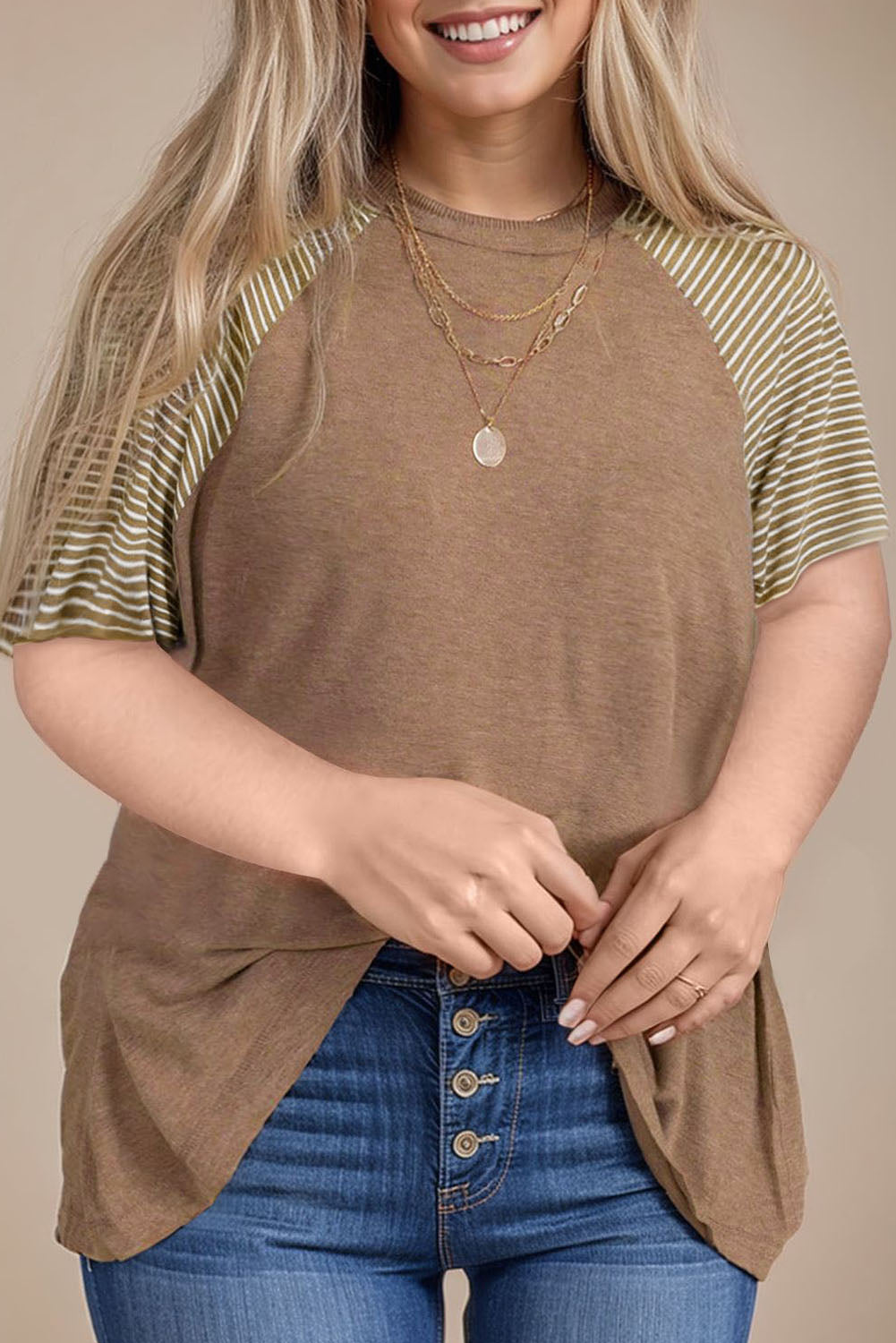 Light Beige Striped Raglan Sleeve Crewneck Plus Size T Shirt - Eloy Royal