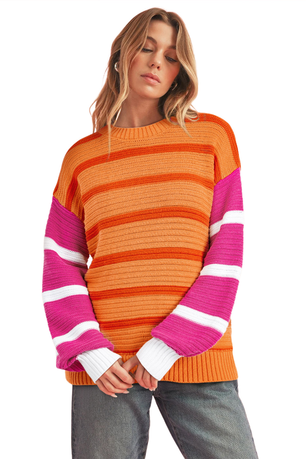 Orange Striped Colorblock Puff Sleeve Sweater