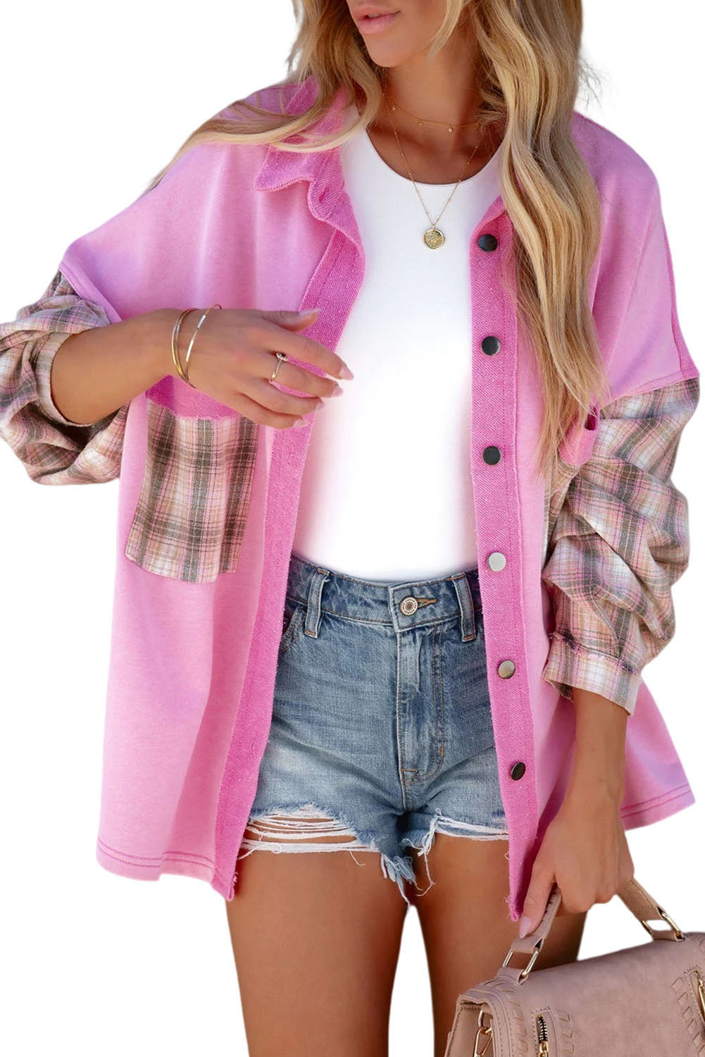 Rose Plaid Patchwork Chest Pockets Oversized Shirt Shacket - Eloy Royal