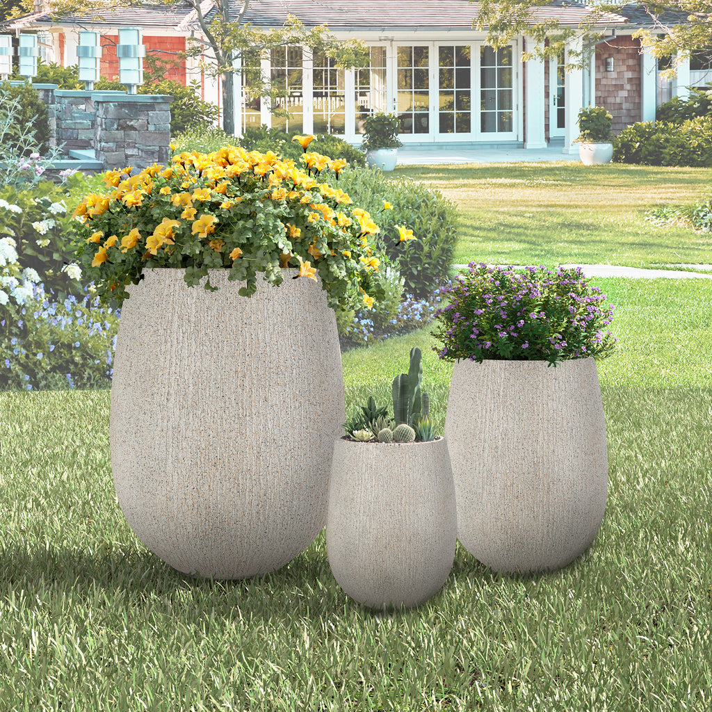 U_Style Egg-Shaped Lightweight MGO Outdoor Planter Set of 3,Modern Stone-Look Textured Flower Pots with Drainage Holes and Rubber Plug, Suitable for Patio, Garden, Poolside & Indoor
