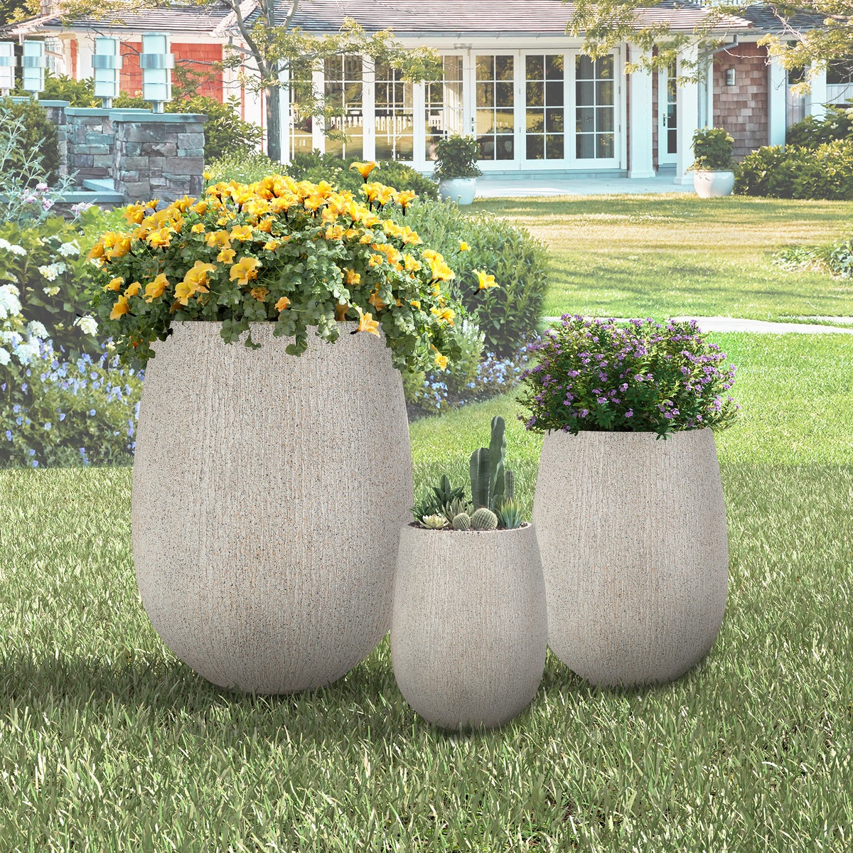 U_Style Egg-Shaped Lightweight MGO Outdoor Planter Set of 3,Modern Stone-Look Textured Flower Pots with Drainage Holes and Rubber Plug, Suitable for Patio, Garden, Poolside & Indoor