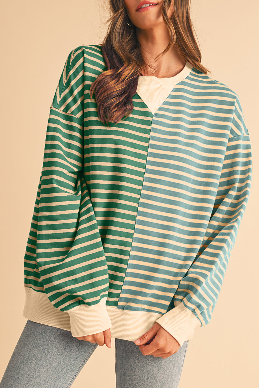 Brown Stripe Colorblock Drop Shoulder Oversize Sweatshirt