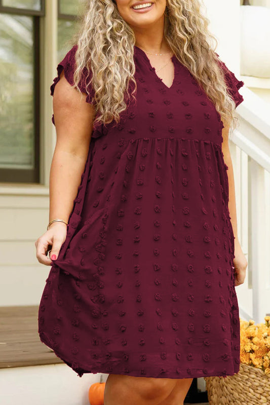 Burgundy Plus Size Swiss Dot Ruffled Sleeve V Neck Dress - Eloy Royal