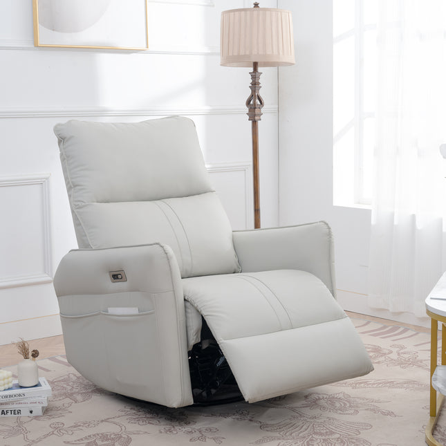 270° Power Swivel Rocker Recliner Chair, PU Leather Electric Glider Reclining Sofa with USB Ports, Power Swivel Glider, Rocking Chair,Nursery Recliners for Living Room Bedroom(Light Gray+270°Swivel)