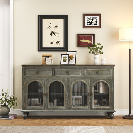59.06' Farmhouse Sideboard Buffet Cabinet, Distressed Wood Credenza with 3 Drawers & 4 Glass Doors, Rustic Storage Cabinet with Shelves for Kitchen, Dining Room, Living Room, Black & Gray
