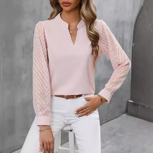 Chiffon Patchwork Long Sleeve Solid Color And V-neck Shirt