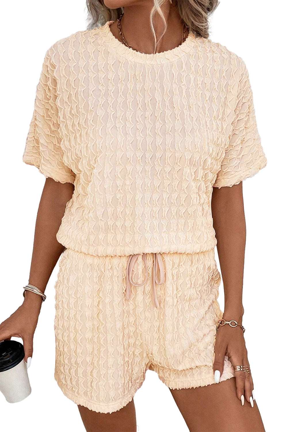 Beige Frill Textured Tee and Drawstring Shorts Set