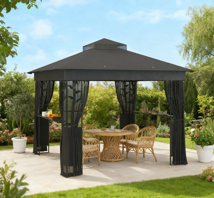 Double Roof Patio Gazebo,Outdoor Gazebo with Shelves and Netting,for Lawn, Backyard and Deck