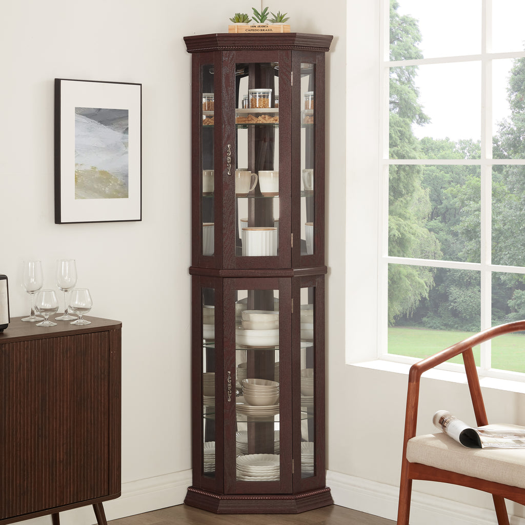 Glass Cabinet Lighted Corner Cabinet Corner Display Curio Cabinet, Glass Display With Light(Included)Bar Cabinet,Wine Cabinet with Adjustable Glass Shelves Carved Decoration DarkCherry Light(Included)