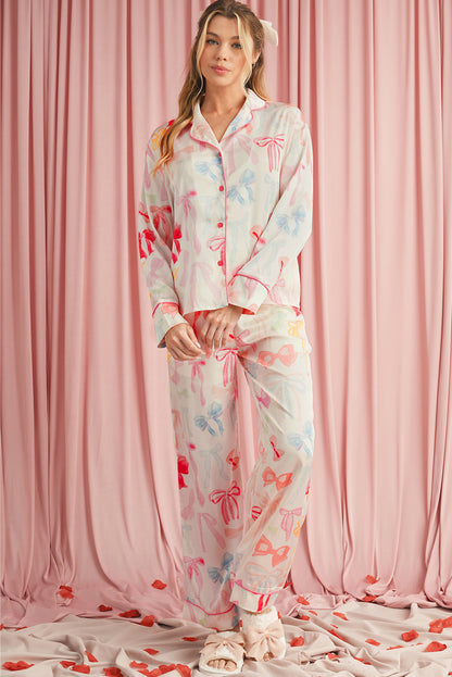 White Bow Print Lapel Collar Wide Leg Satin Pajama Set