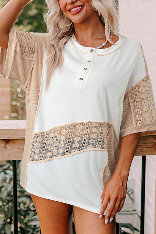 White Lace Splicing Ribbed Patchwork Short Sleeve Henley Top - Eloy Royal