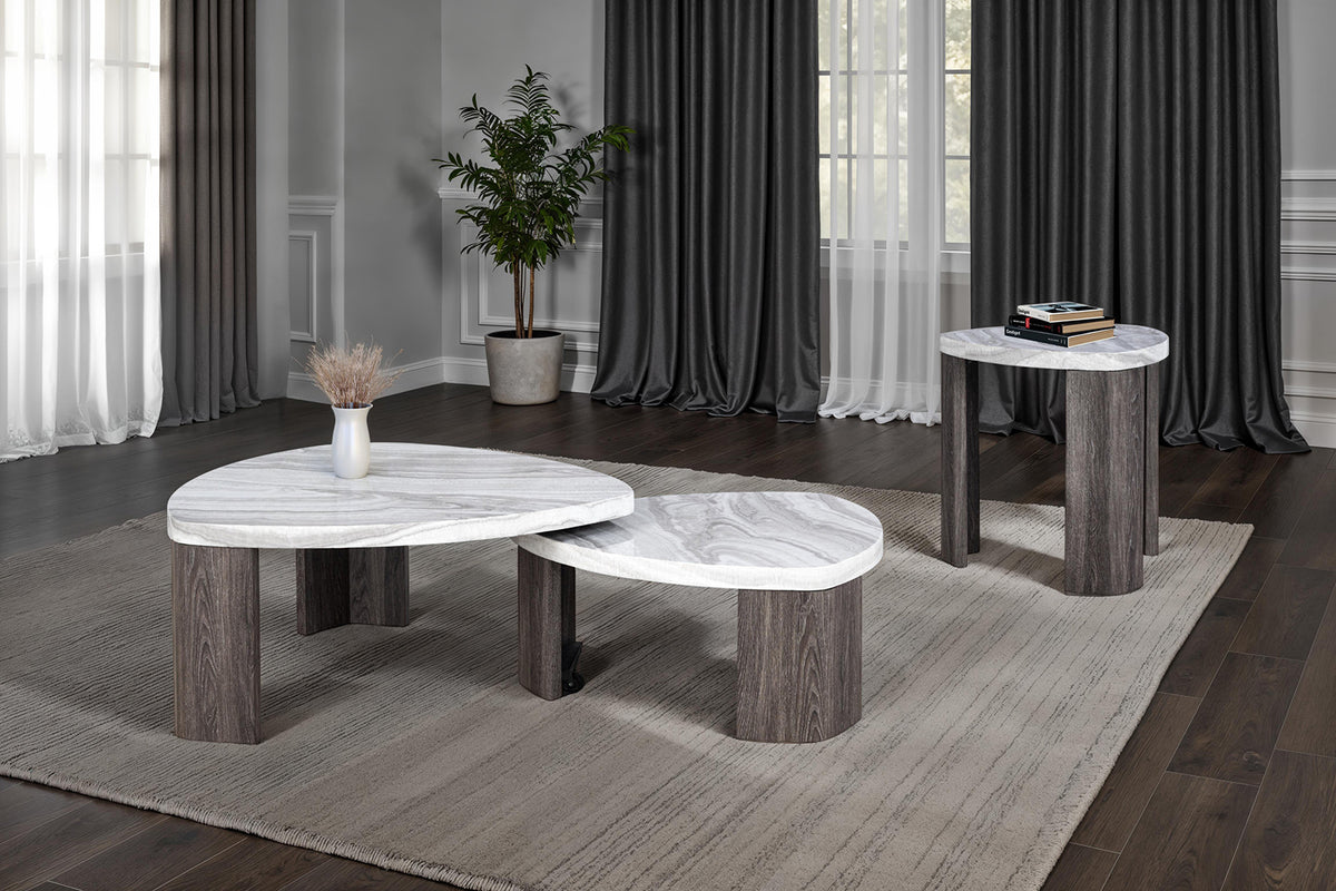 Contemporary Style Triangle 3pc Table Set 1x Nesting Coffee Table 2x End Table Marble Pattern Space Saving Design Primary Living Room
