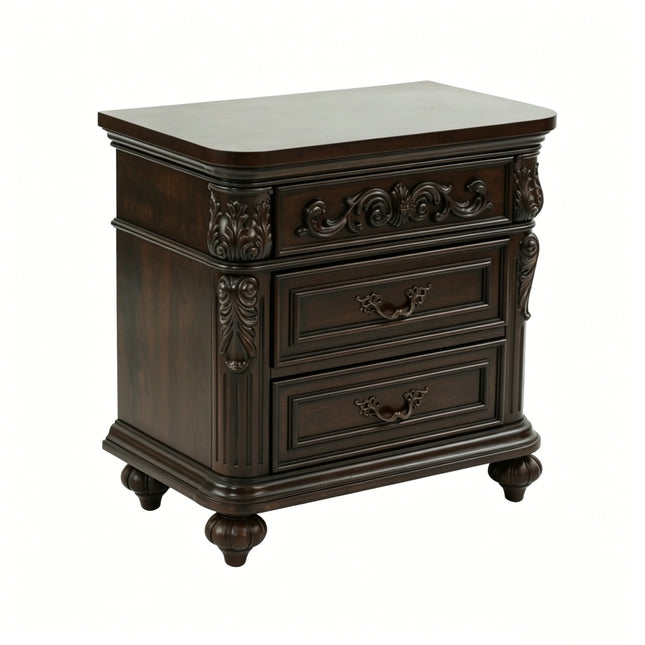3 Drawer Nightstand Solid Wood Frame Traditional Bedside Table with Carved Details, Dark Cherry Finish, 28' Wide Storage Cabinet