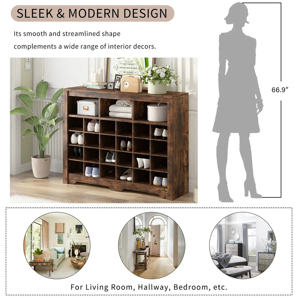 ON-TREND Sleek Design 24 Shoe Cubby Console, Modern Shoe Cabinet with Curved Base, Versatile Sideboard with High-quality for Hallway, Bedroom, Living Room, Rustic Brown - Eloy Royal