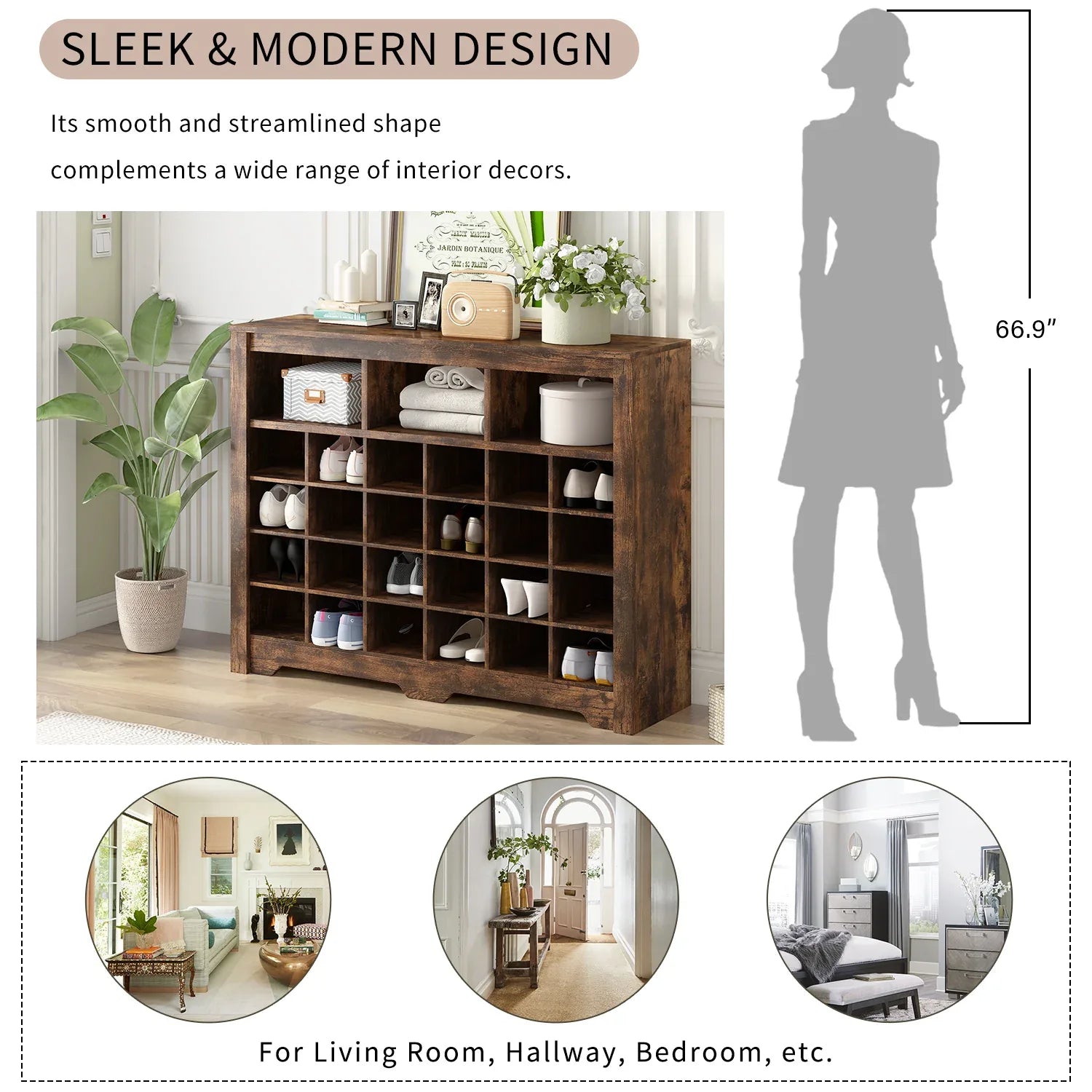 ON-TREND Sleek Design 24 Shoe Cubby Console, Modern Shoe Cabinet with Curved Base, Versatile Sideboard with High-quality for Hallway, Bedroom, Living Room, Rustic Brown - Eloy Royal