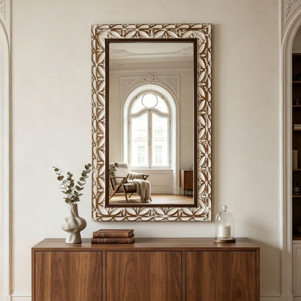 29.13'×47.24' Rectangular Carved Leaf Wall Mirror, Distressed Two-Tone MDF Framed Silver Vanity Mirror, Bohemian Ornate Floral Embossed Decorative Wall Mirror, Vertical Wall Mount Easy Assembly