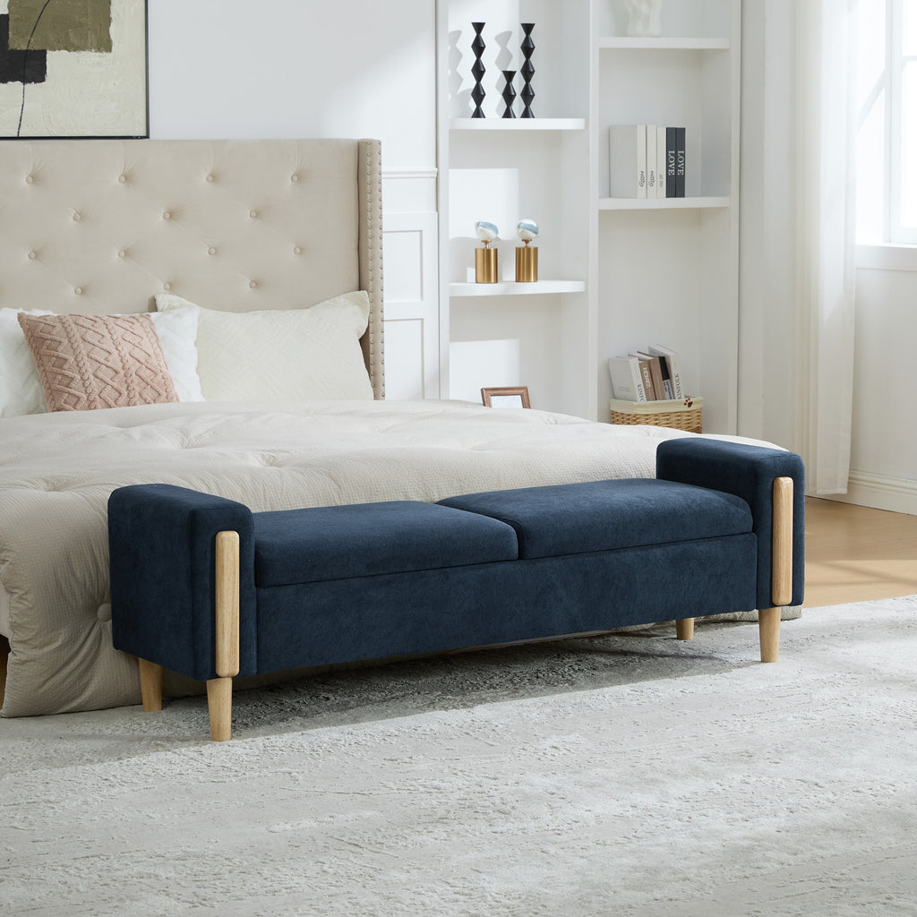 65.67' Wide Modern Upholstered  Storage Bench With Double Lids,  Chenille fabric Foot Stool With  Armrest, Bench Daybed With Rubberwood Legs For Living Room, Entryway, Dormitory, Bedroom,Blue