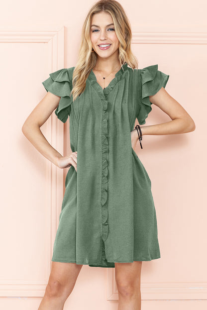 Black Ruffle Sleeve V Neck Frilled Shift Dress - Eloy Royal