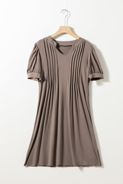 Desert Palm Notched Neck Pleated Puff Sleeve T Shirt Dress - Eloy Royal