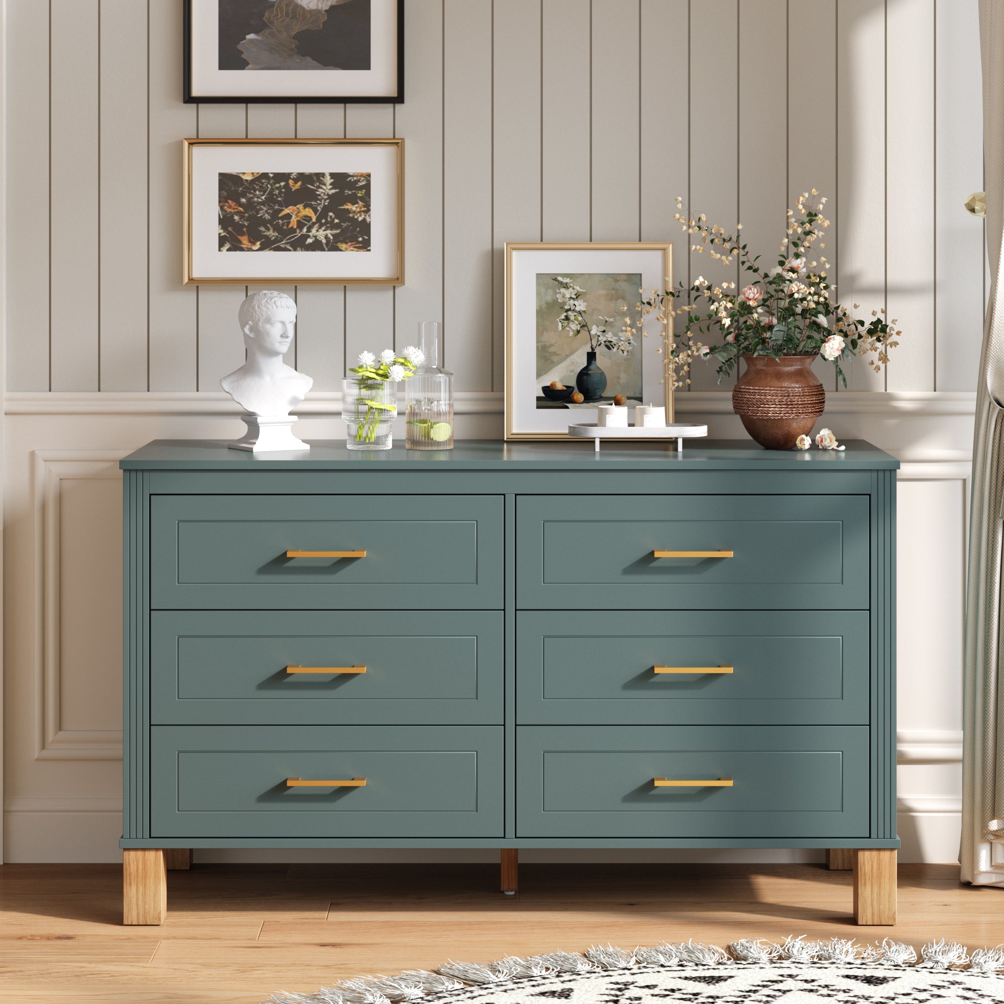 6-Drawer Double Dresser in Green, Modern Storage Cabinet with Metal Handles & Solid Wood Legs, Dresser Drawer Organizer for Kids Bedroom, Heavy-Duty Wooden Dresser with Pre-Installed