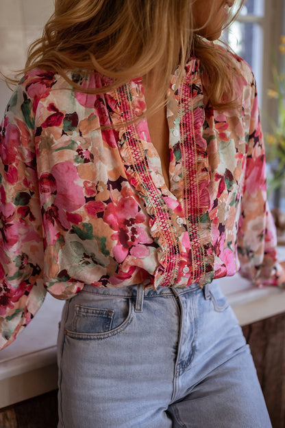 Red Floral Print Frill Stitch Buttoned Loose Fit Shirt