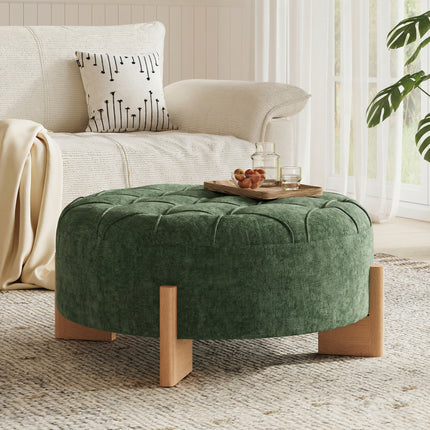 32 in Round Tufted Ottoman with Solid Wood Legs with Modern Coffee