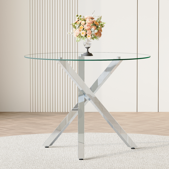Round glass dining table suitable for 2-4 people: diameter 39 inches, height 30 inches, X-shaped silver metal frame, very suitable for restaurants, kitchens, and small spaces, stylish and practical.