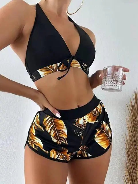 High Waist Bikini Set Swimwear Black-Yellow M