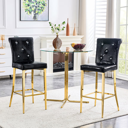 Modern 3-Piece Bar Height Dining Set, Clear Round Glass Table with Gold Metal Base & 2 Black Upholstered Bar Stools with Crocodile Pattern, Kitchen Island Breakfast Nook Set