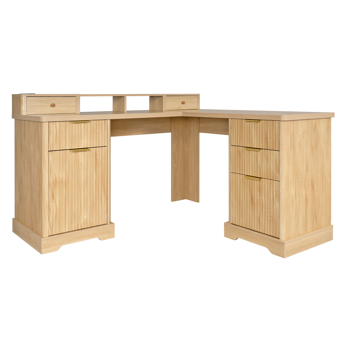 Modern Fluted L-Shaped Desk with Charging Station & Storage Cabinet in Light Oak - Home Office Computer Desk with Monitor Stand, File Drawer, Adjustable Shelf, MDF, 59'