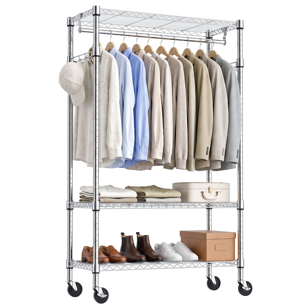 Heavy Duty Rolling Garment Rack 3 Tiers Adjustable Wire Shelving Clothes Rack with Rods and Side Hooks,Storage Closet Clothing Rack with Wheels Chrome 15.7' D x 29.5' W x 74.5' H