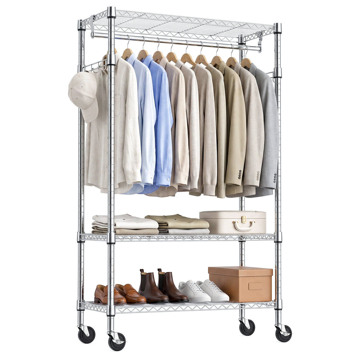 Heavy Duty Rolling Garment Rack 3 Tiers Adjustable Wire Shelving Clothes Rack with Rods and Side Hooks,Storage Closet Clothing Rack with Wheels Chrome 15.7' D x 29.5' W x 74.5' H