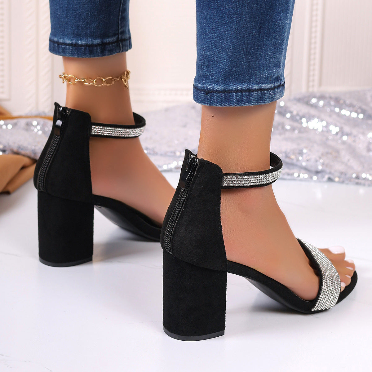 Rhinestone High Heel Sandals Summer Chunky Square Heel Sandals Open Toe Strappy Shoes - Eloy Royal