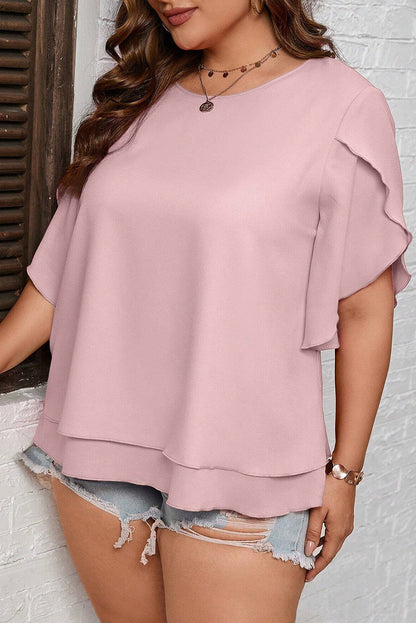 Light Pink Plus Size Frilly Overlap Sleeve Double Layered Blouse - Eloy Royal