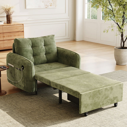 [NEW] 3-in-1 Sleeper Chair Bed, 80' Extra Long Pull Out Sleeping Lounge with USB Charging, Storage Pockets and Box, Tufted Design, Multi-Functional Chenille Single Sofa Bed for Living Room&Apartment