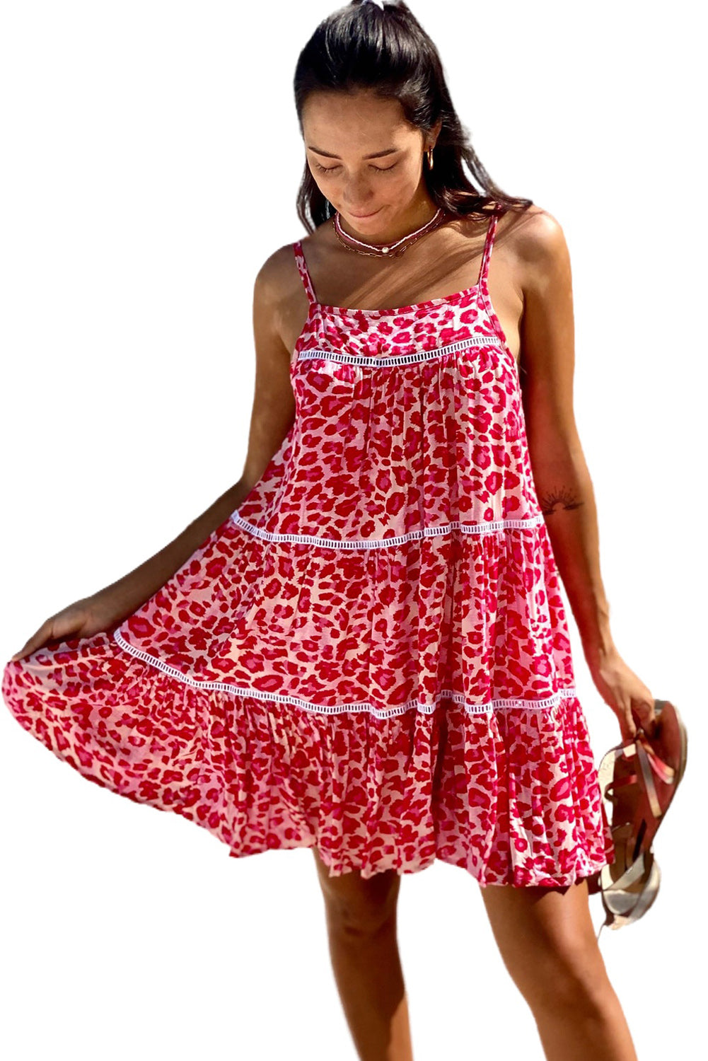 Rose Leopard Print Lace Trim Flared Mini Sundress - Eloy Royal