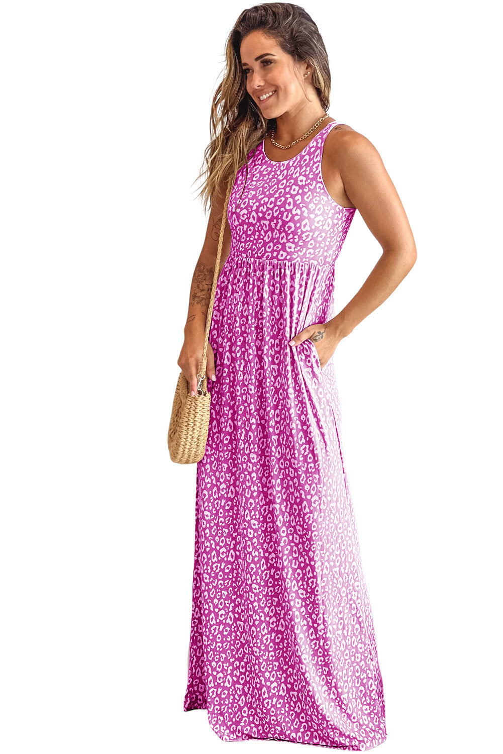 Pink Sleeveless Floor Length Leopard Print Dress with Pockets - Eloy Royal