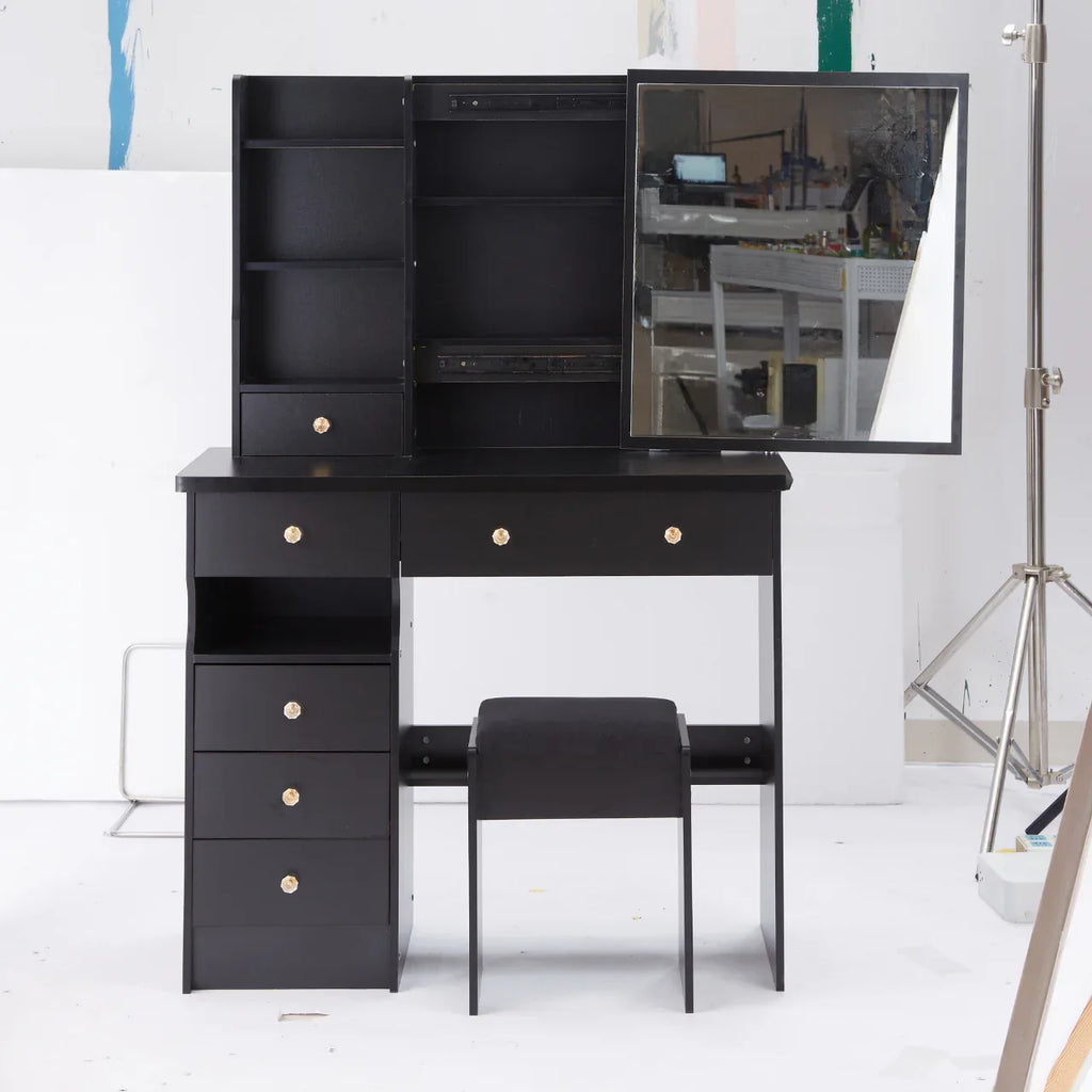 37' Middle Size Left Drawer Desktop Vanity Table + Cushioned Stool, Extra Large Right sliding mirror, Multi Layer High Capacity Storage, Practical Fashionable Dresser, Suitable For Large Space - Eloy Royal